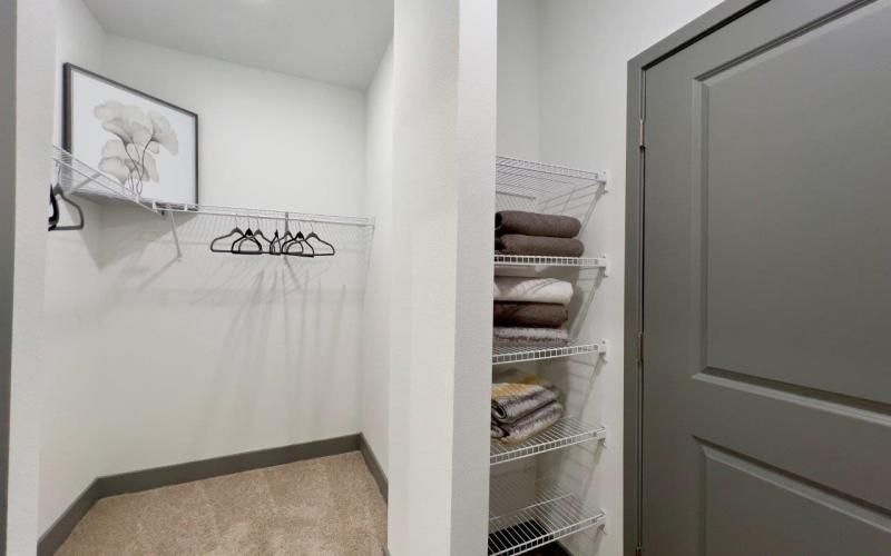 a room with a closet and shelving